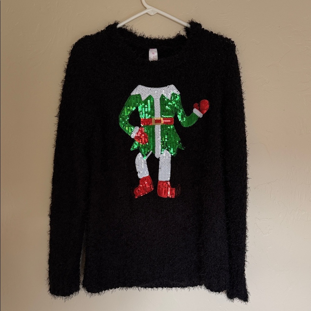 No Boundaries Black Fuzzy Sweater with Elf Design